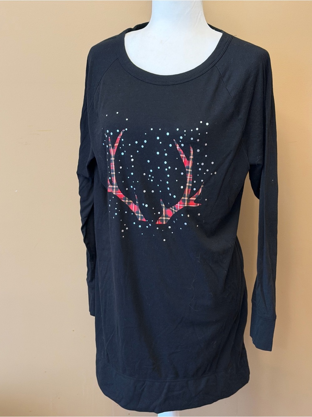 Victoria's Secret Black Long-Sleeve Top with Red Plaid Antler Graphic